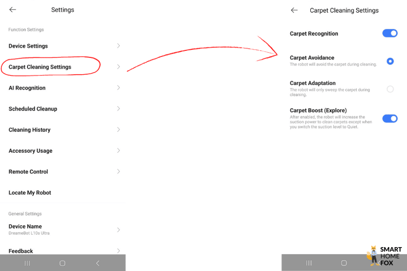 Carpet cleaning settings are set in the Dreame L10s Ultra app.